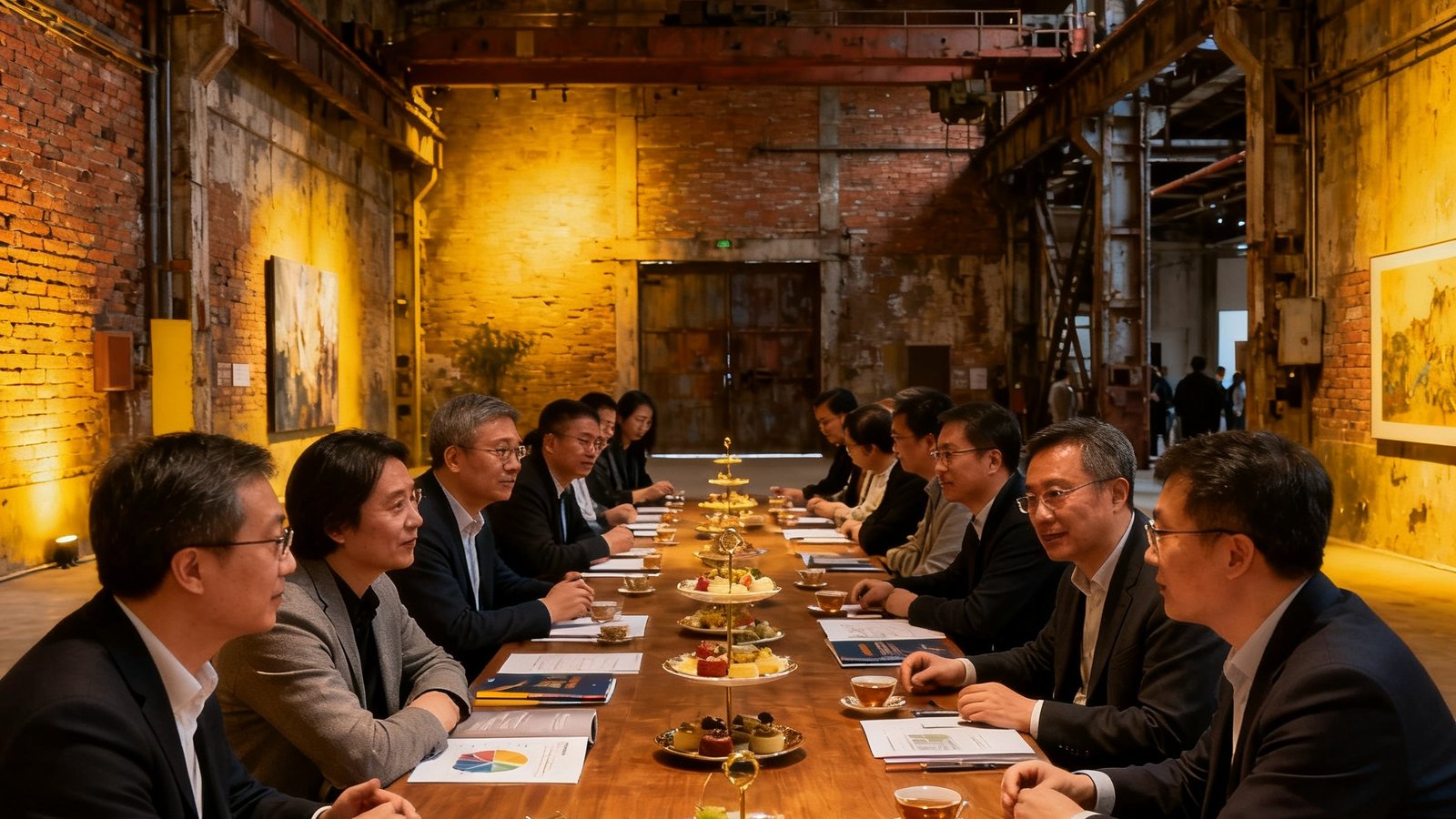 一场在旧工业厂房改造的艺术空间内举办的闭门沙龙活动，二十余位企业家围坐在长桌旁热烈讨论，暖黄色灯光映照在裸露的砖墙上，桌面上摆放着精致的茶点和行业数据手册。