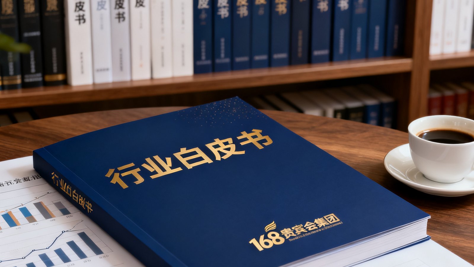 一份装帧精美的行业白皮书封面特写，深蓝色封面上印有金色标题和168贵宾会集团标识，旁边摆放着一杯咖啡和数据分析图表，背景是书架上的多期往期白皮书合集。