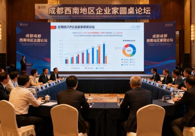 一场在成都举办的西南地区企业家圆桌论坛现场照片，与会者围坐在U型桌旁，大屏幕上展示着区域经济数据图表，气氛热烈。