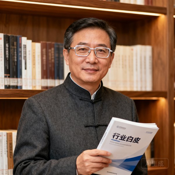 168贵宾会集团创始人张启明，五十岁出头，戴着一副银框眼镜，穿着深灰色中式立领外套，站在书架前手拿一本行业白皮书，眼神专注而有亲和力。