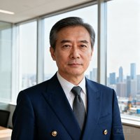 一位年约五十岁的男性企业家肖像，穿着深蓝色西装，背景是明亮的办公室落地窗，表情沉稳自信，展现了制造业资深管理者的气质。