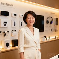 一位四十岁左右的女性企业家，短发干练，身着米白色职业装，站在产品展示墙前微笑，身后陈列着公司自主研发的智能硬件产品系列。